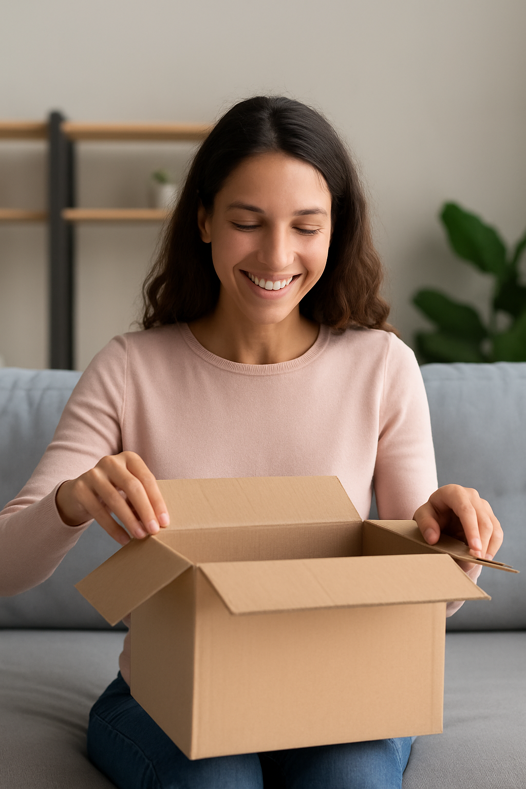 A customer happily opening a package in a modern home
